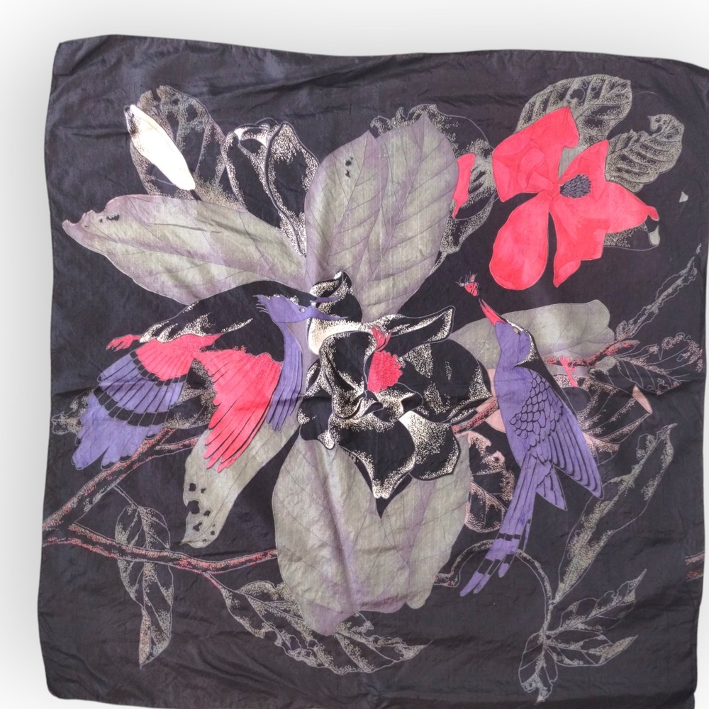 Floral Bird Print Scarf Square 34" Black Red Purple Fashion Accessory‎